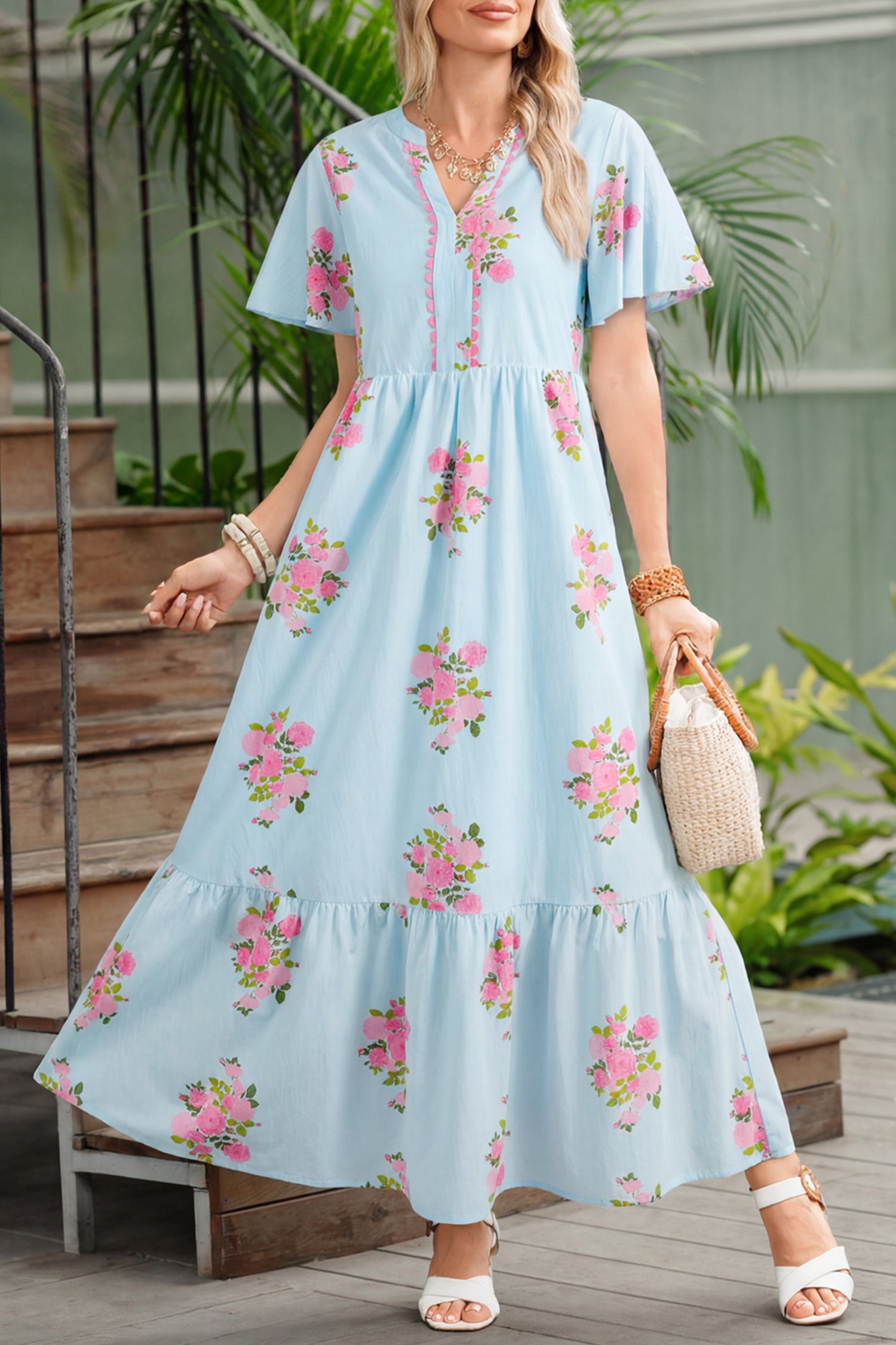 Sky Blue Notched Neck Flutter Short Sleeve Floral Print Maxi Dress Sky Blue 55%Cotton+45%Viscose aa7311cb3fd65d19