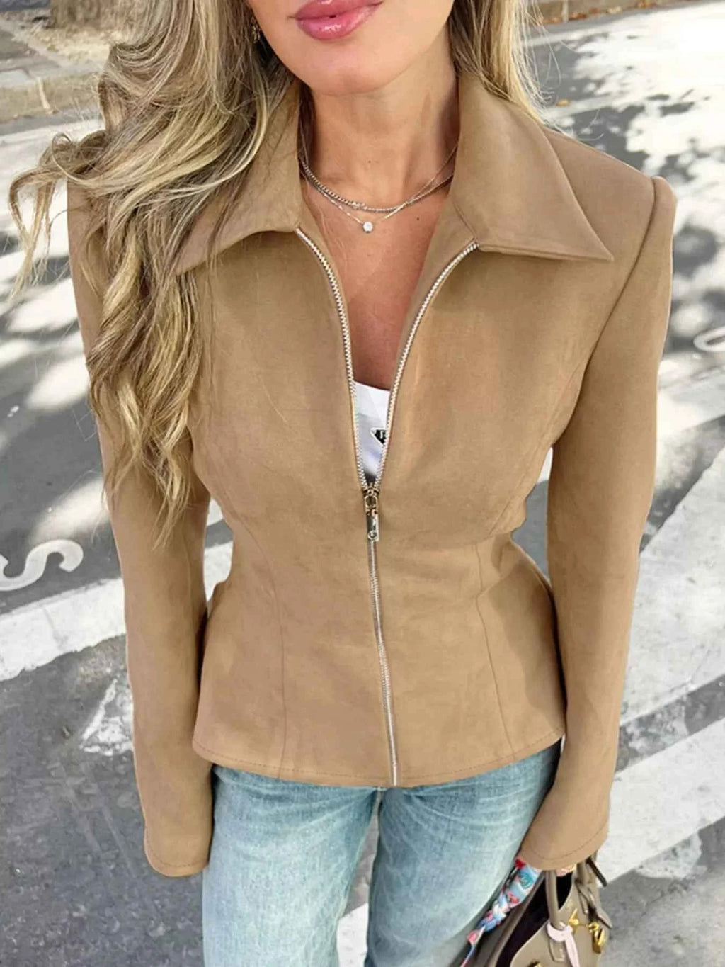 Suede Zip-Up Fitted Jacket Khaki aa7d7a985e8940698362782206937a3b-Max-Origin