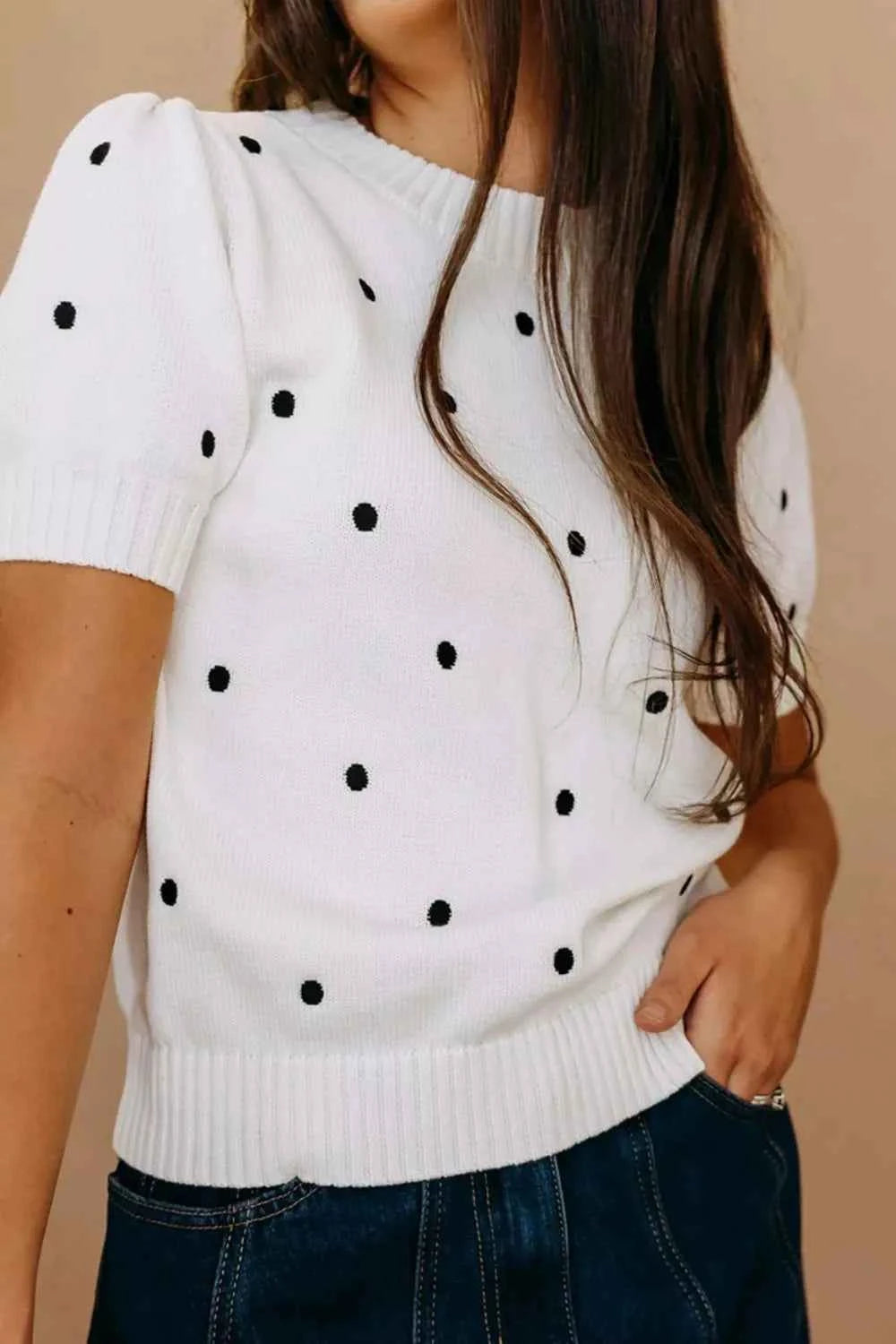 Elegant Polka Dot Bubble Short Sleeve Sweater aa82d30b-6782-4d35-8224-e194f770d84b-Max-Origin