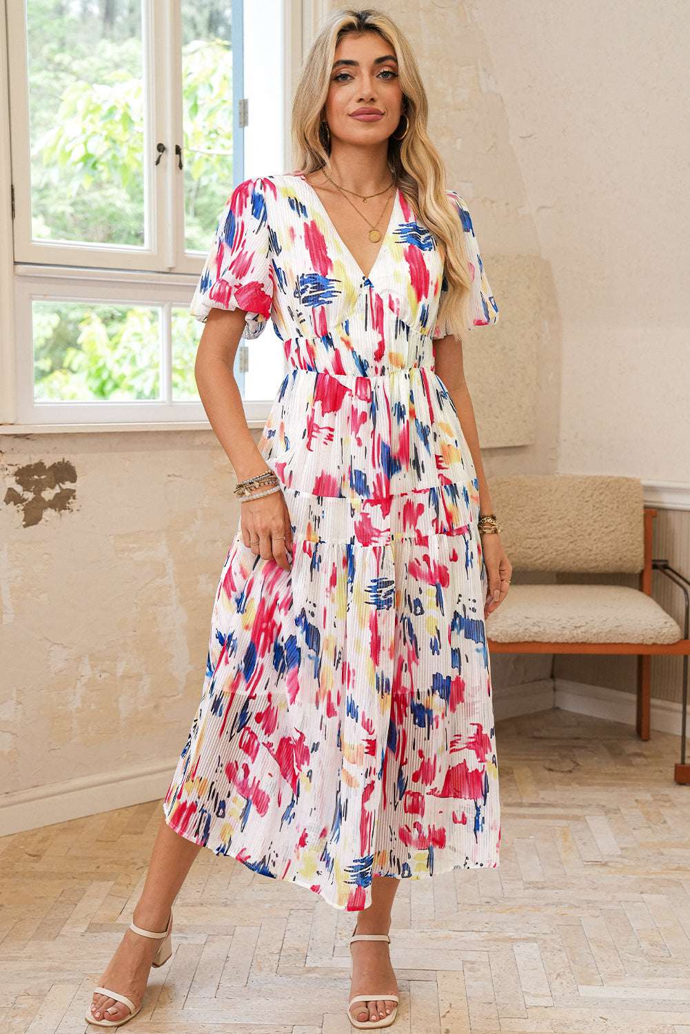 Sky Blue Abstract Print Short Puff Sleeve Tiered Maxi Dress aa86aa08823d8448-_13
