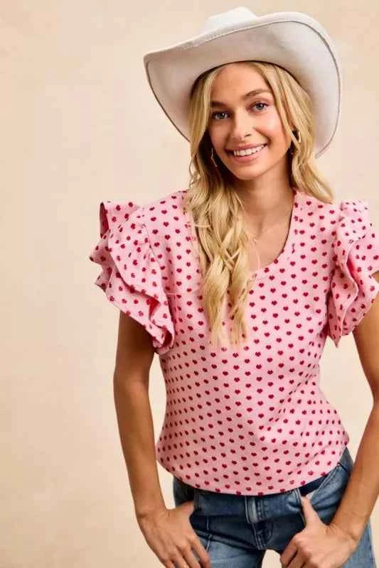 BiBi Heart Patterned Knit Ruffled Sleeves Top aa8b1c77-b864-4d95-a800-08be2bc2fbb5-Max-Origin