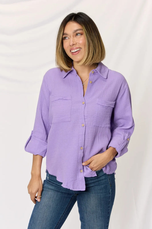 Zenana Texture Button Up Raw Hem Long Sleeve Shirt LAVENDER aa917e26-1585-4ebb-8931-f81acbb75701-Max