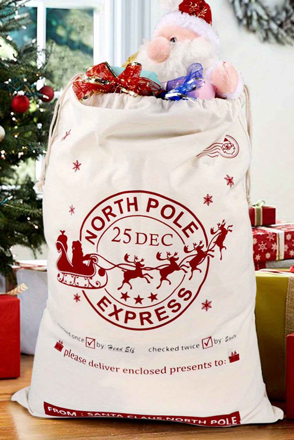 White Reindeer Drawstring Closure Christmas Party Favor Gift Bag White ONE SIZE 100%Polyester aa92ec78d22f3b8c