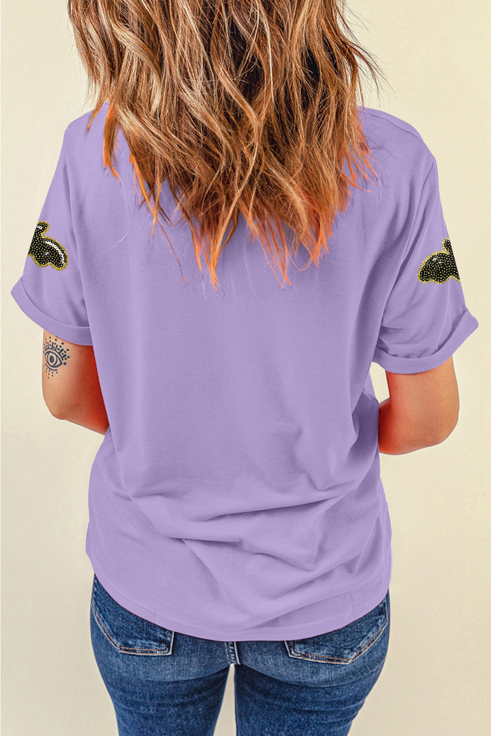 Wisteria Sequin Halloween Bat Patched Casual T Shirt aa936825deaba234