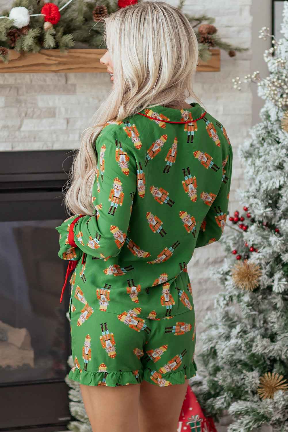 Green Christmas Candy Contrast Trim Bow Knot Silky 2pcs Pajama Set aa9432f238a47d67