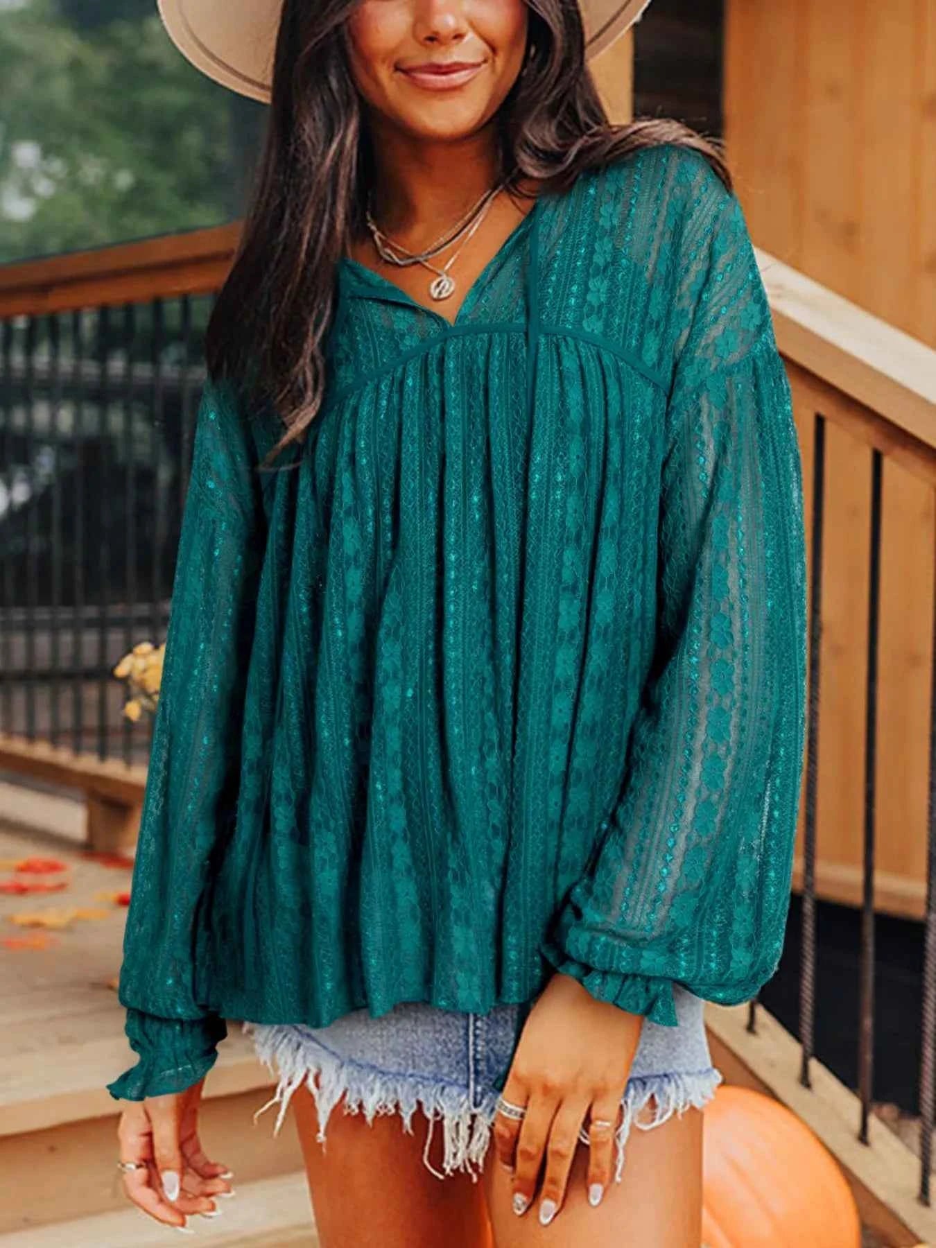 Lace Tie Neck Long Sleeve Blouse aa962bb4-fa53-49d1-9f62-86790da3f6f2-Max-Origin