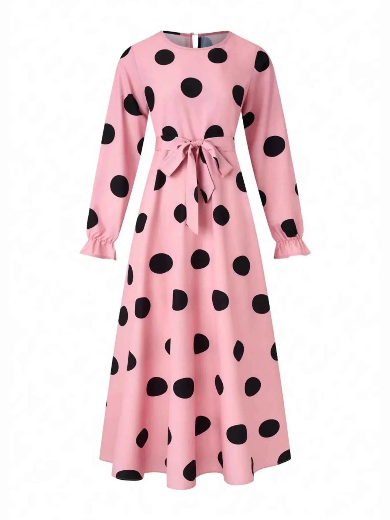 Polka Dot Tie Waist Flounce Sleeve Dress Pink aa979fa4d8c6453088d436227b2f5503-Max-Origin