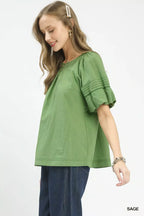 Umgee Round Neck Puff Sleeve Top with Contrast Stitch Detail aa98e264-c11f-4576-b8c9-cc9712fda50c-Max-Origin