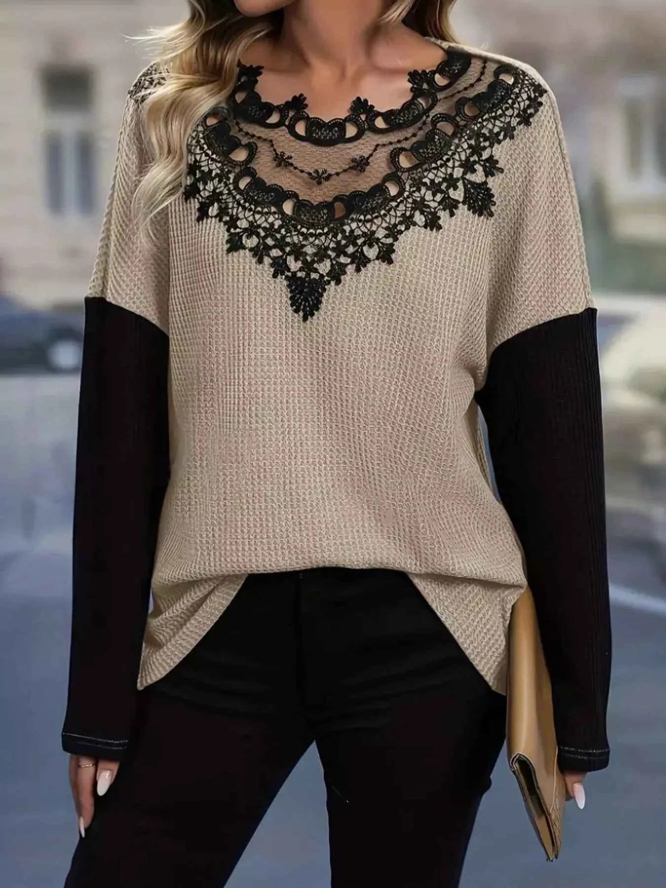 Lace Detail Color Block Long Sleeve T-Shirt Dust Storm aa99474c-19e3-47d9-aebf-86746390a81f-Max-Origin