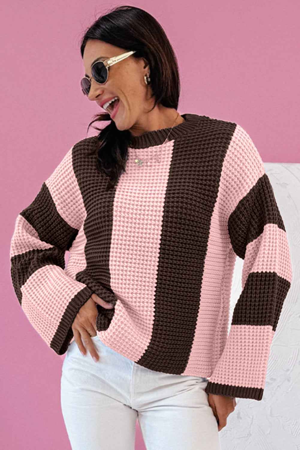 Myosotis Striped Color Block Thermal Textured Knit Drop Shoulder Sweater aa9c9d55f04f1615