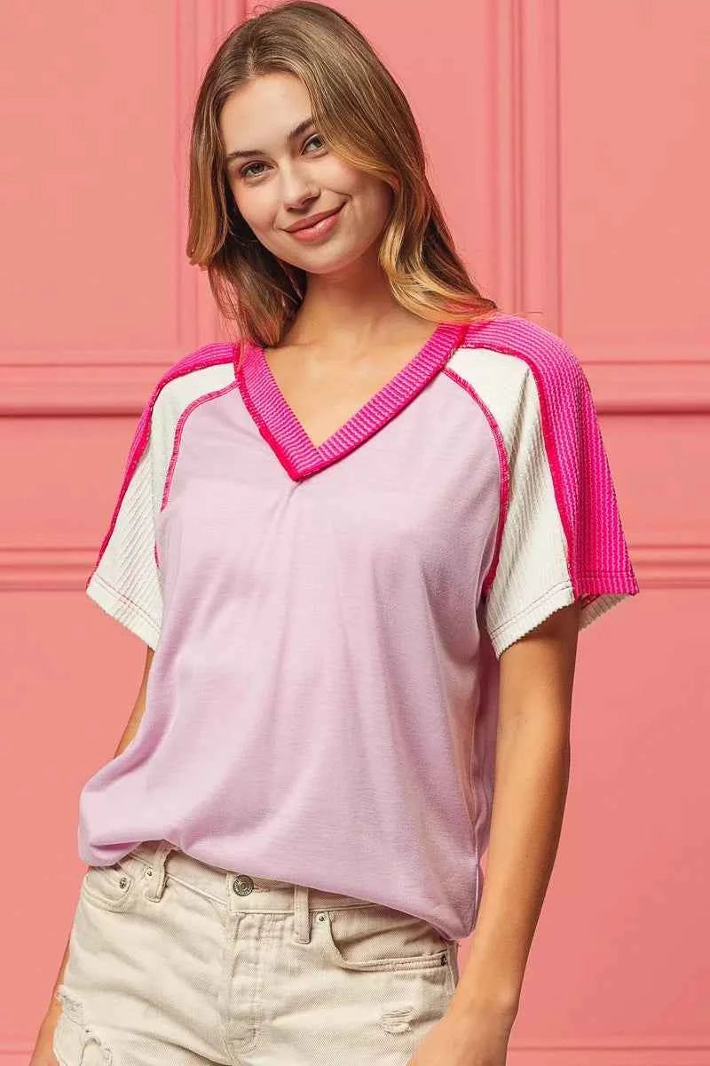 BiBi Cord Rib Combo V Neck Jersey Knit Top aaa260eb-572c-4b8e-835f-db043c122735-Max-Origin