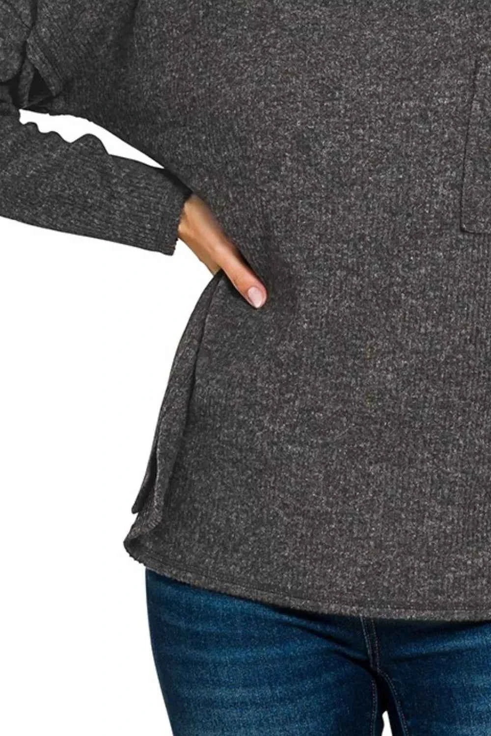 Zenana Ribbed Brushed Melange Hacci Sweater with Chest Pocket aaa4c69f-3671-49f6-aba9-7d7f5fdd8866-Max-Origin