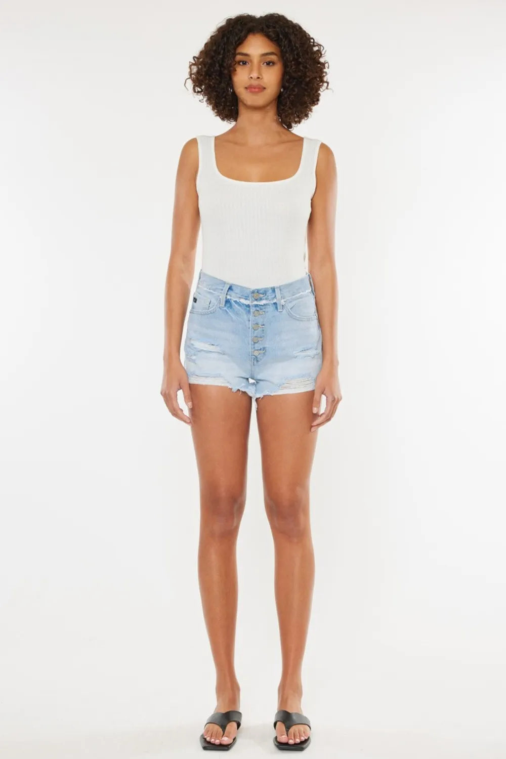 Kancan Distressed Button Fly Denim Shorts aaaa48d0-ac1e-4ea8-8fb8-755f414d44ad-Max