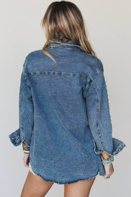 Sail Blue Rivet Embellished Western Style Regular Fit Long Sleeve Denim Jacket aaaa94f3d1462d51