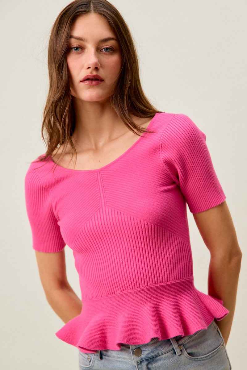 SO ME Ribbed Knit Short Sleeves Peplum Sweater Top aaaa9e30f31c4775bd350f6000437fa3-Max