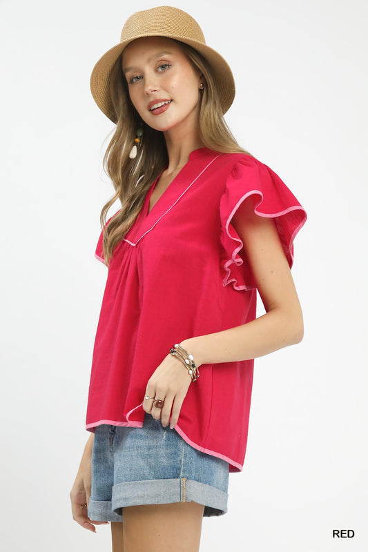 Umgee Contrast Trim Babydoll Blouse aaad5624-1ba0-4bc7-9f8b-d2781d1136d0-Max