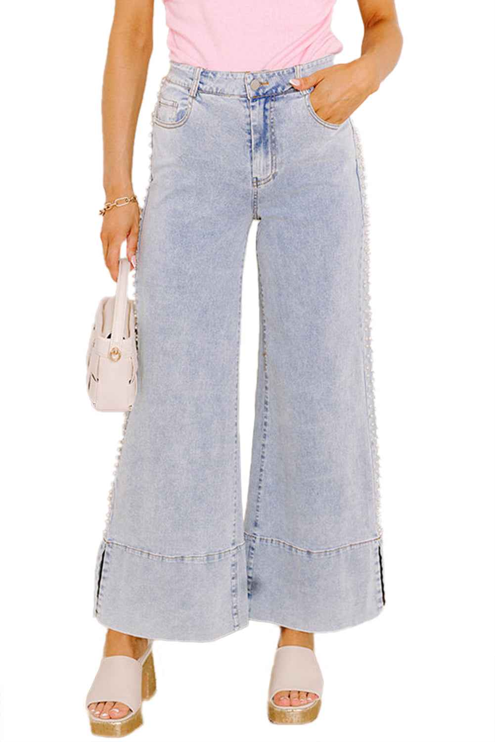 Beau Blue Mid Rise Pearl Embellished Split Wide Leg Jeans aaae741e2bcc21a7