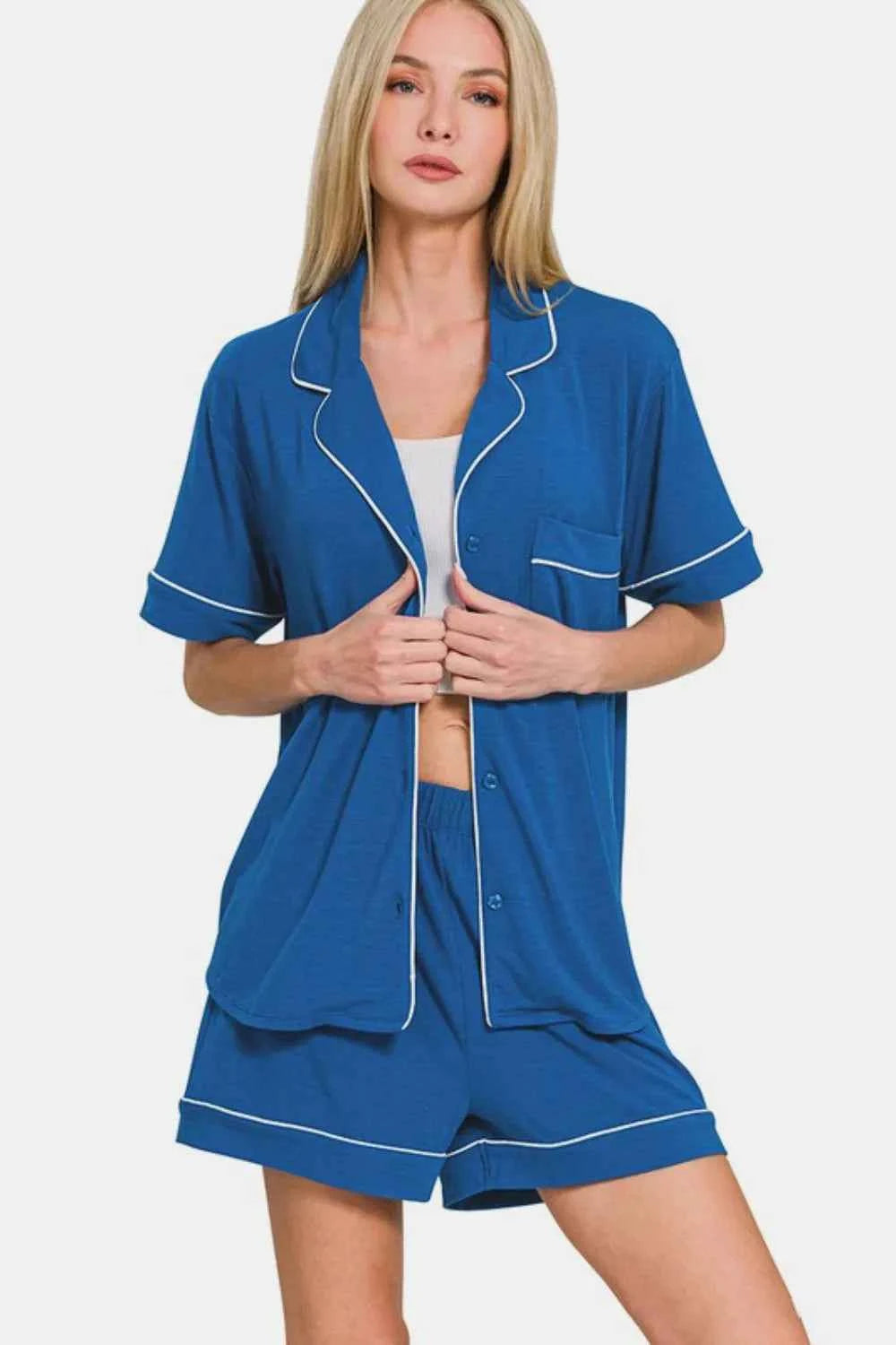 Zenana Button Down Short Sleeve Top and Shorts Lounge Set aab167c2-f5ce-472a-adb4-888b22b30142-Max