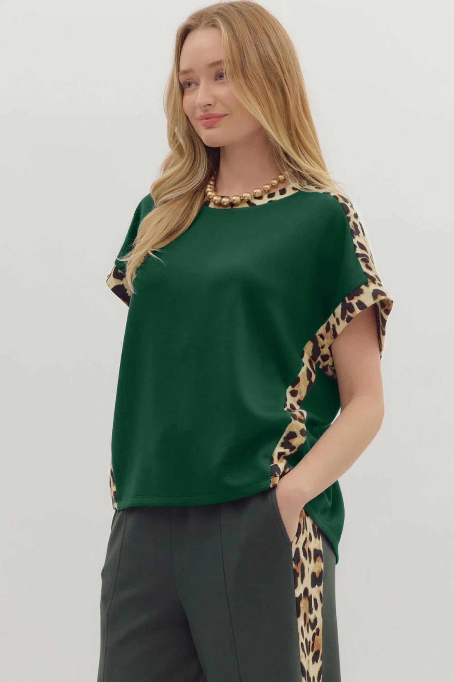 Sea Green Leopard Trim Round Neck Loose T Shirt aab5fb647ea29d58