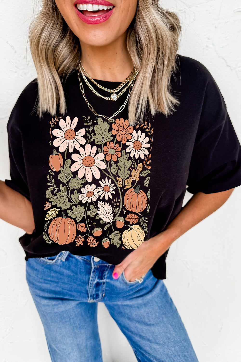 Black Wild Flower Pumpkin Heat Transfer Printing T Shirt aabbd9d01b4464ec