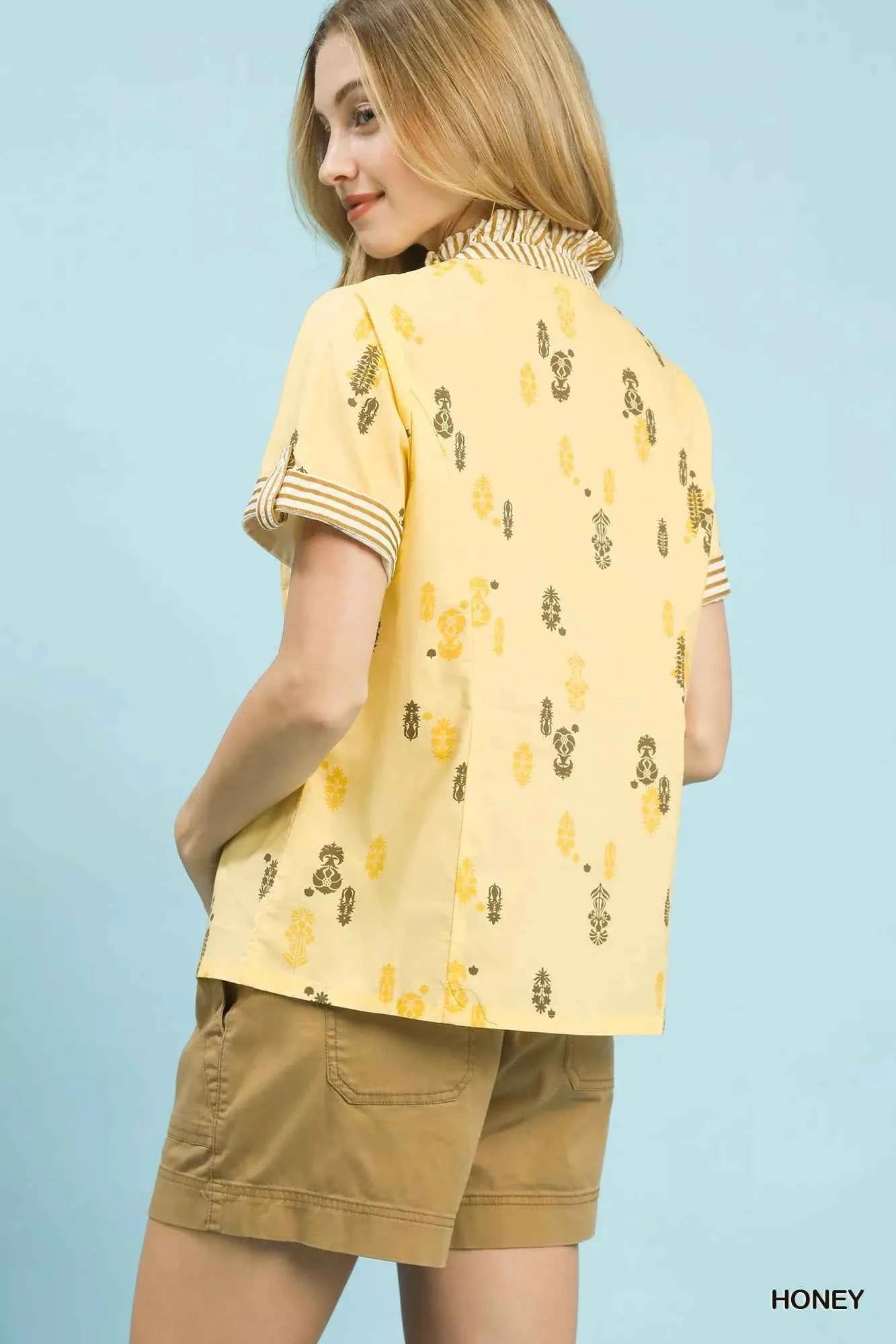 Umgee Printed Ruffle Trim Button Front Blouse aabd9140-9b61-47aa-995b-9a672f9a4a60-Max-Origin