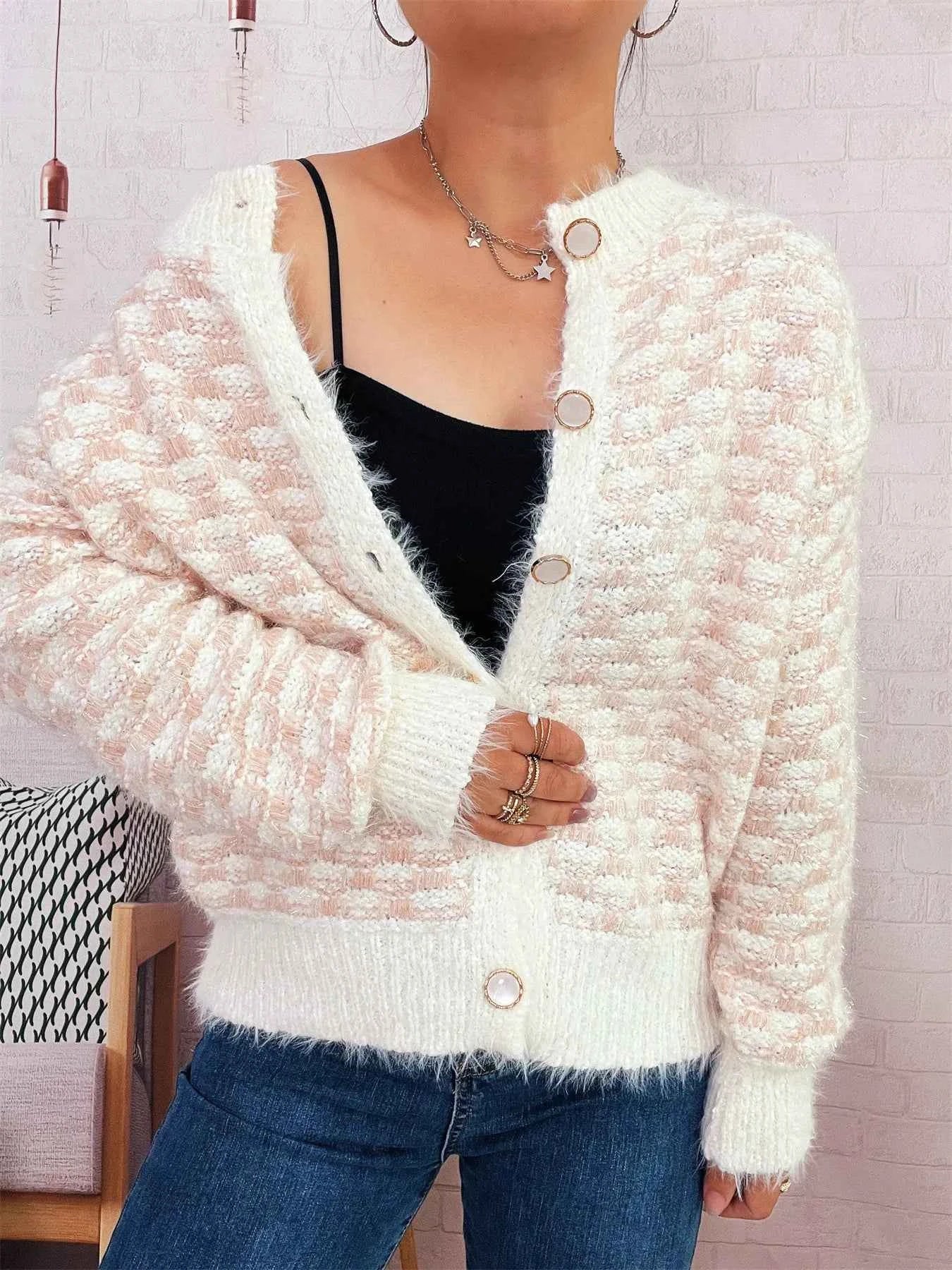 Fluffy Textured Button-Up Cardigan Pink One Size aac00e29ab27476c9a10632b4087cc63-Max-Origin