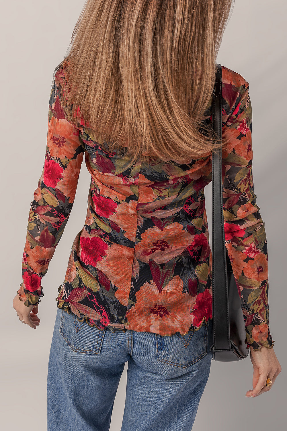 Multicolour Floral Print Lettuce Trim Long Sleeve Mesh Top aac1e4520e3b7e02