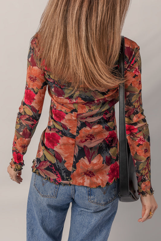 Multicolour Floral Print Lettuce Trim Long Sleeve Mesh Top aac1e4520e3b7e02