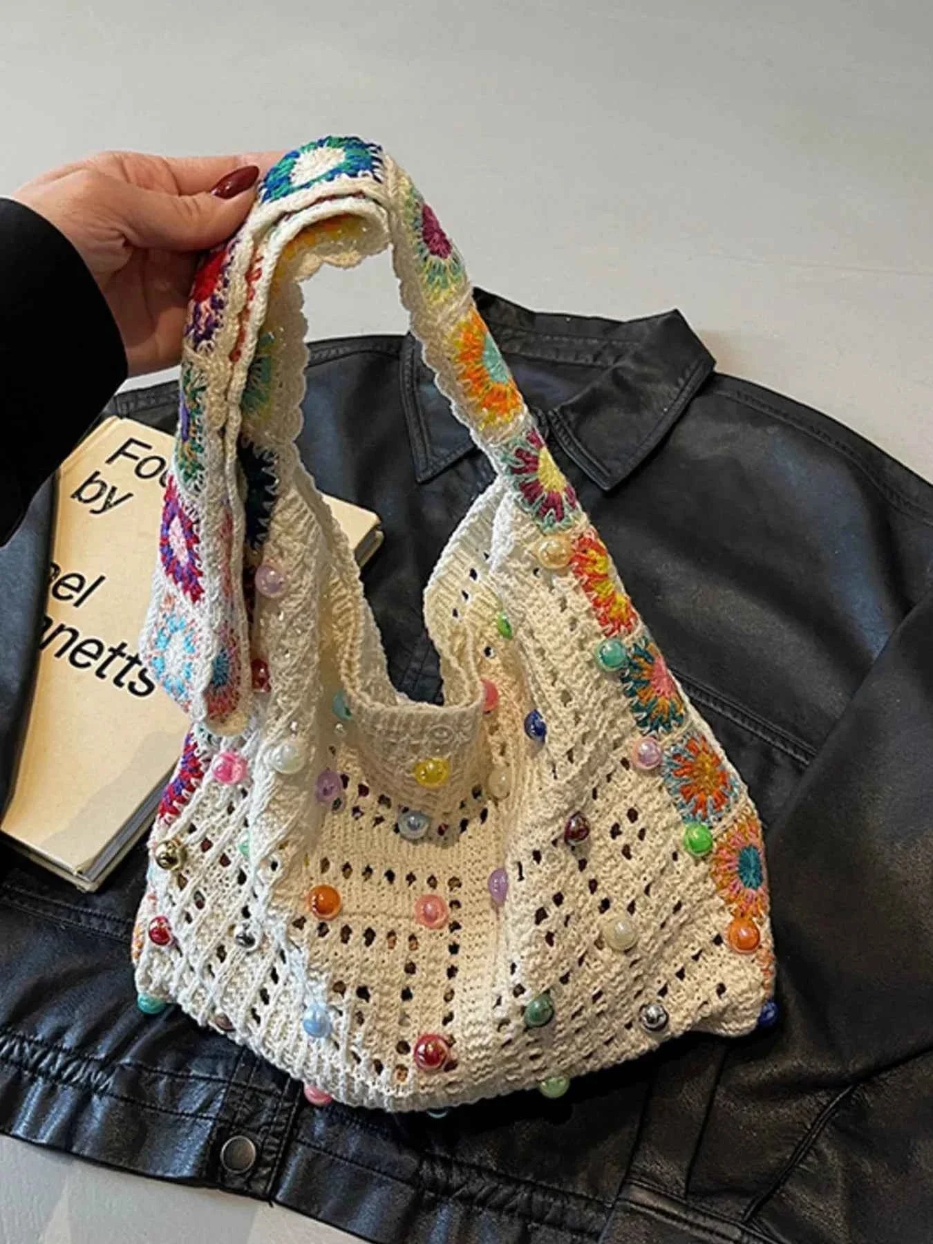 Colorful Beaded Crochet Shoulder Bag Beige onesize aac303ac-73d5-4725-8229-32fbc426ba6c-Max-Origin