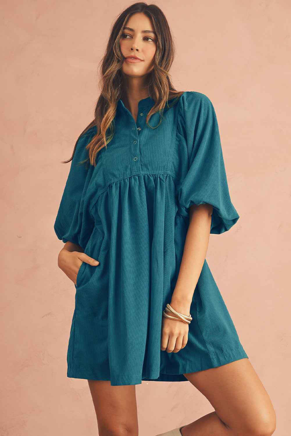 Gold Flame Light Snap Button Empire Waist Lantern Sleeve Corduroy Dress aacaea240442d6d0