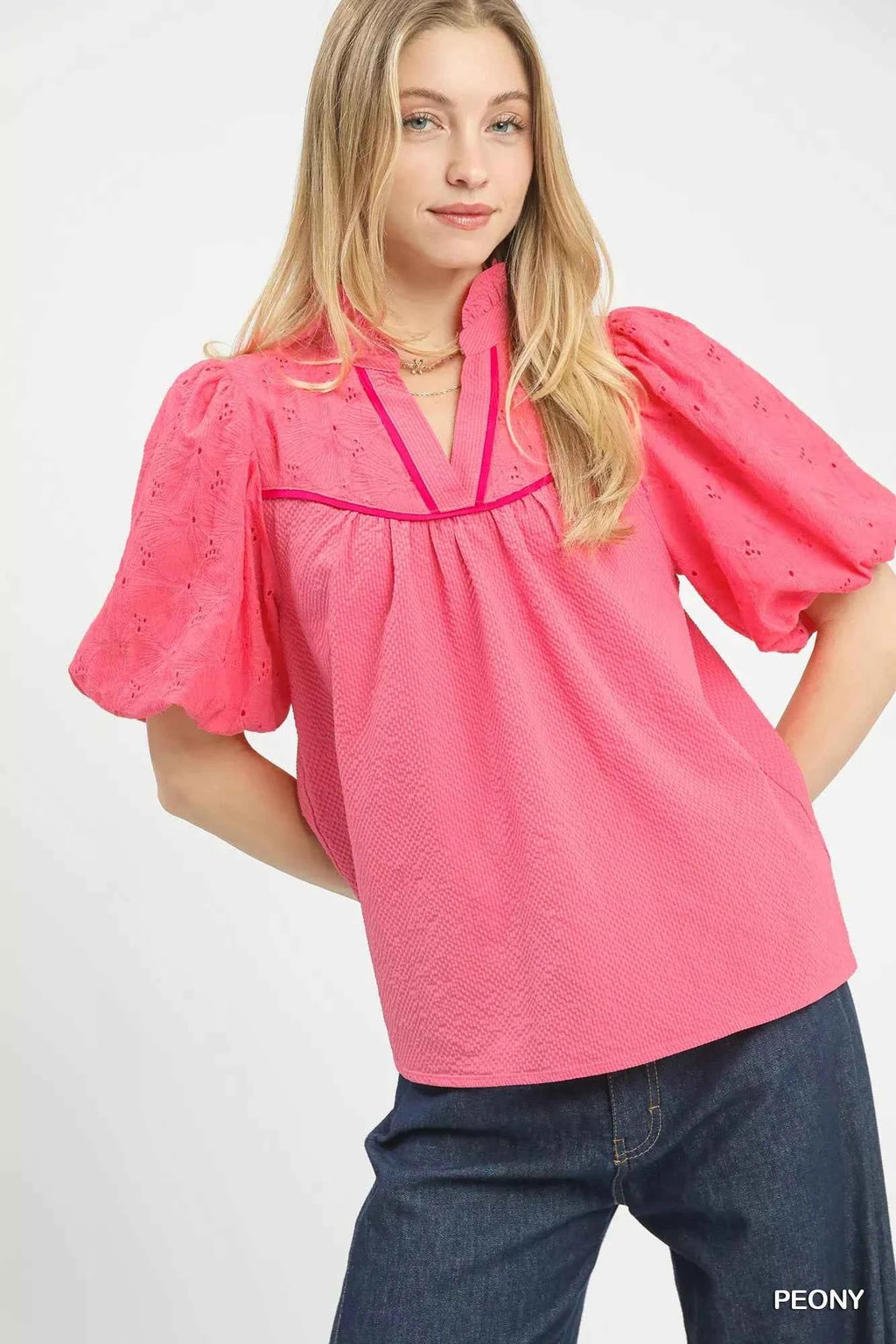 Umgee Puff Sleeve Eyelet Mix Top with Contrast Piping PEONY aacc4030-a8fe-4fbe-b93c-f7093ee23222-Max-Origin