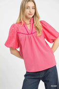Umgee Puff Sleeve Eyelet Mix Top with Contrast Piping PEONY aacc4030-a8fe-4fbe-b93c-f7093ee23222-Max-Origin