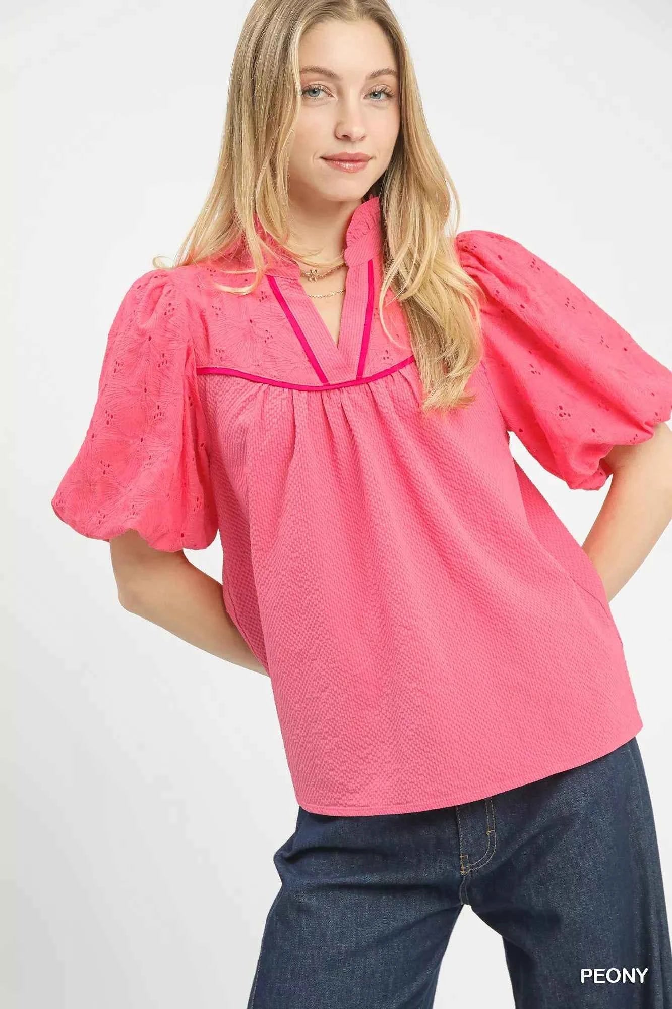 Umgee Puff Sleeve Eyelet Mix Top with Contrast Piping PEONY aacc4030-a8fe-4fbe-b93c-f7093ee23222-Max-Origin