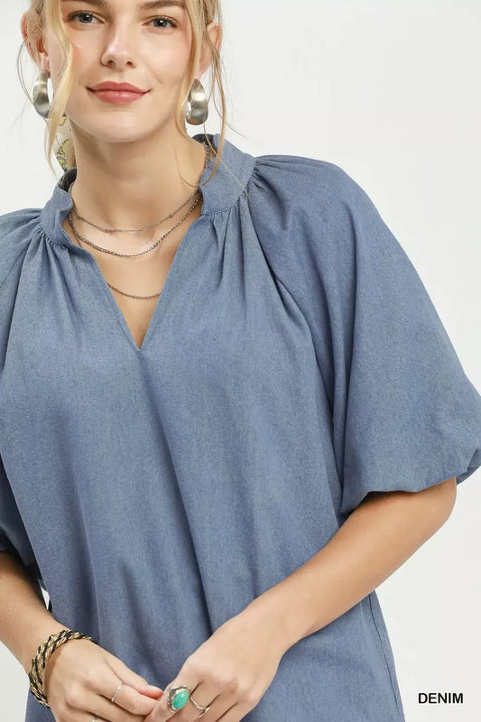 Chambray Scallop Hem Puff Sleeve Top aacc6832-a84d-4653-ba29-78f829c0c6bc-Max-Origin