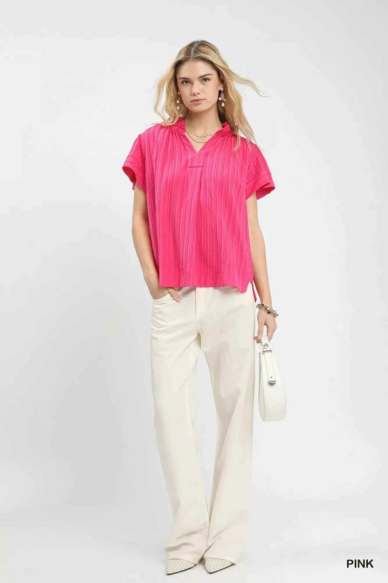 Umgee Texture Flutter Sleeve Notched Blouse aad03fef-73b0-43ed-abff-35b609466d50-Max-Origin