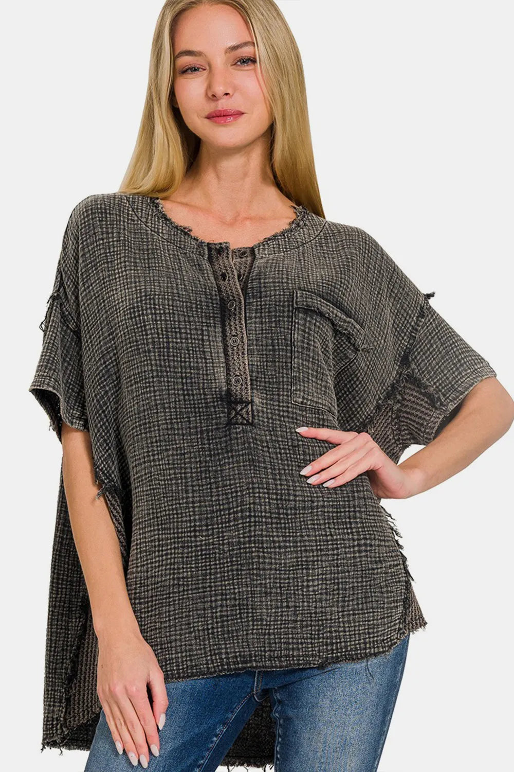 Zenana Washed Texture Half Button T-Shirt Ash Black aad11b06-6b7d-4113-be40-760ca4f5a752-Max