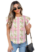 Pink Floral Print Layered Ruffle Sleeve Summer Top aad664c5c5f780eb
