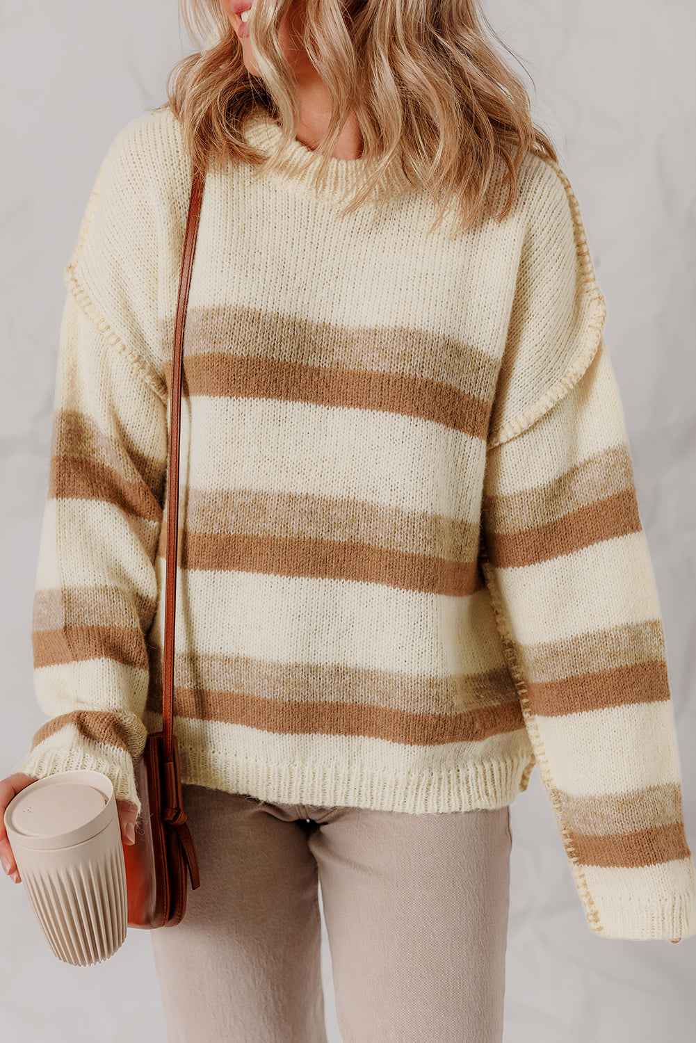 Khaki Stripe Exposed Seam Drop Shoulder Knit Baggy Sweater aad6d99ba2831cc3