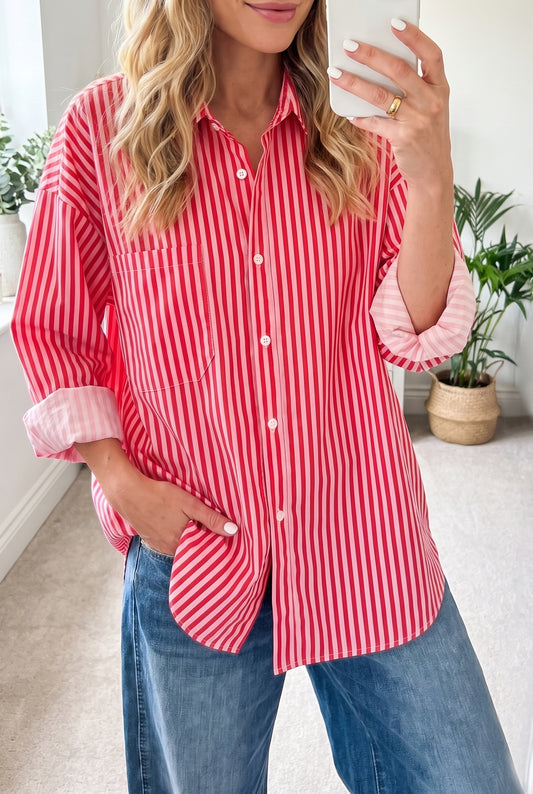Red Stripe Button-Up Shirt Long Sleeve Patch Pocket Casual Shirt Red Stripe 100%Polyester aad99ed558b28025