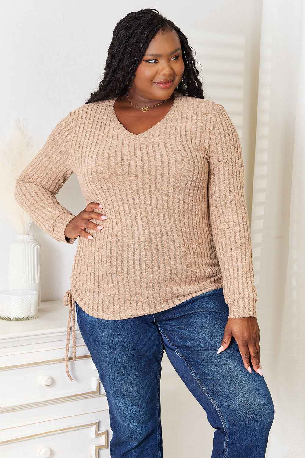 Double Take Drawstring Ribbed Long Sleeve T-Shirt aadfa5730b7345968b549007c75f2b23-Max