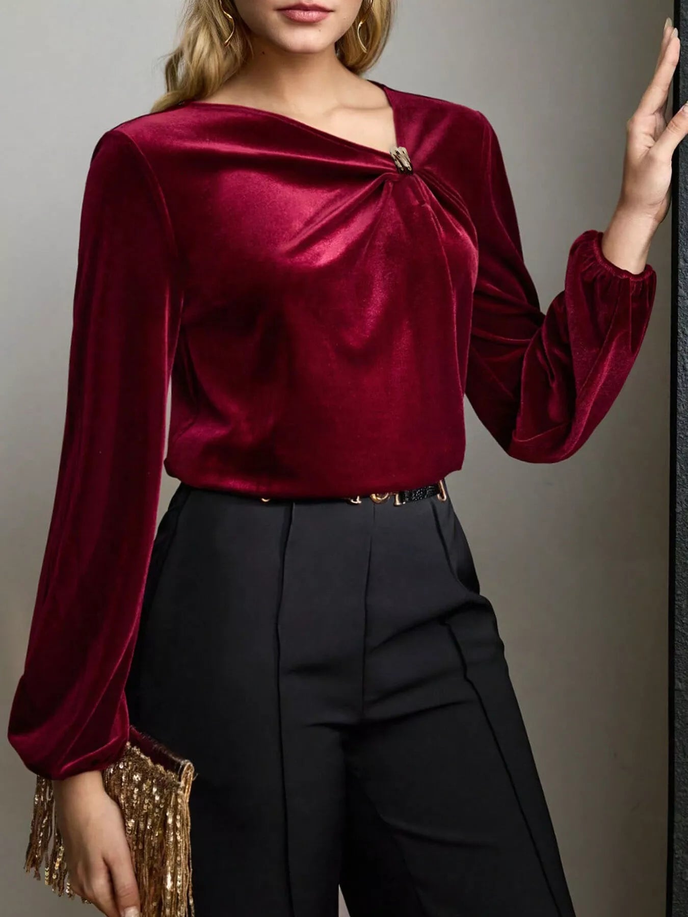 Velvet Twist-Front Long Sleeve Blouse aadfb816617f454ab7fc740128afc283-Max-Origin