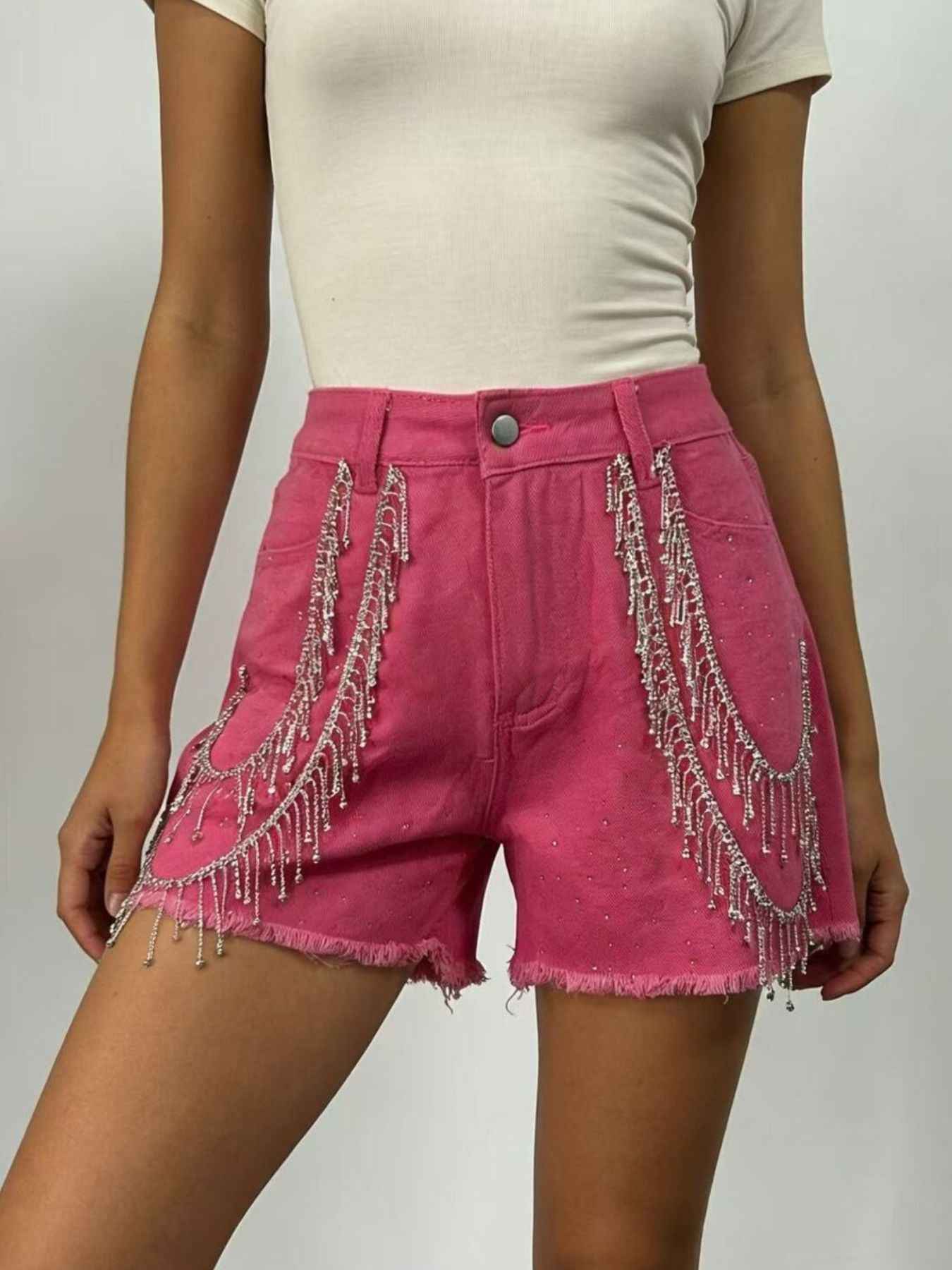 Rhinestone Chain Raw Hem Denim Shorts Fuchsia Pink aadfc0a5-b1dc-41ac-8dd9-6bce332a349d-Max