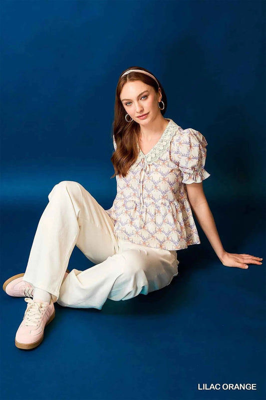 Lace Detail Bow Print Flounce Sleeve Blouse aae36ae3-4ee2-4841-8992-913505ccf340-Max-Origin