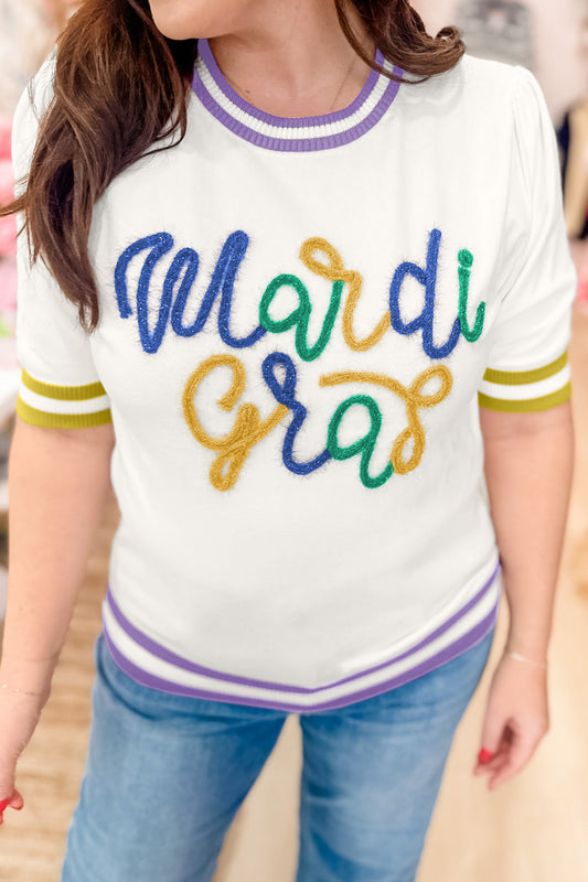 White Mardi Gras Tinsel Letter Graphic Short Sleeve Sweater White 52%Viscose+26%Polyester+22%Polyamide aae38da81e8fd15e