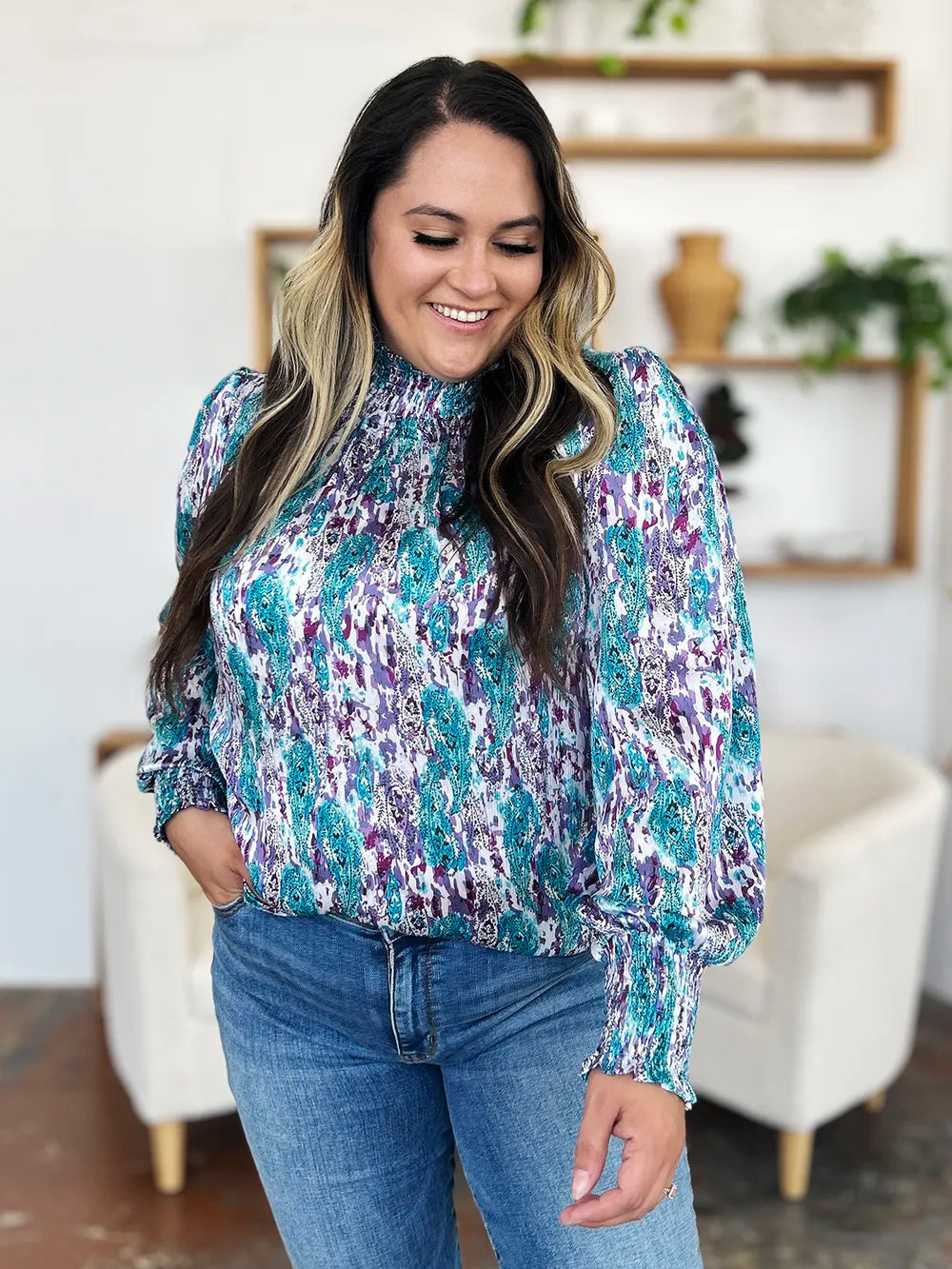 Double Take Full Size Printed Smocked Long Sleeve Blouse aae5ae87-bea7-439a-99ed-10859aa5c55d-Max