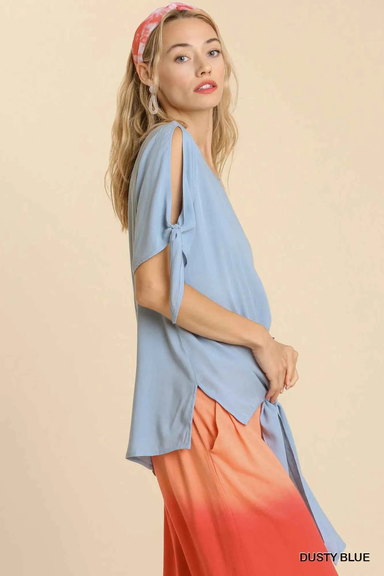 Cold Shoulder Short Sleeve Round Neck Top with Side Slits and Tie-able Knot Details aaec214f-4a13-4301-aa16-4cf28131d0da-Max-Origin