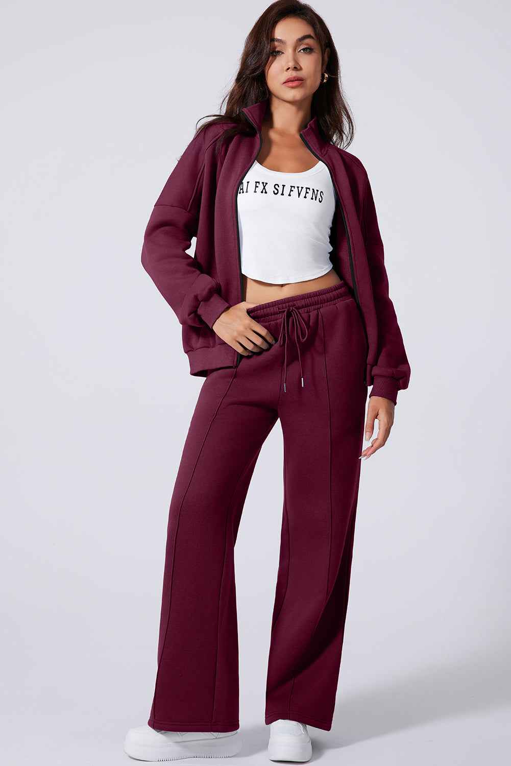 Burgundy Drop Shoulder Zip Up Jacket Drawstring Pants Active 2pcs Set aaeebcea1bd3dc5f