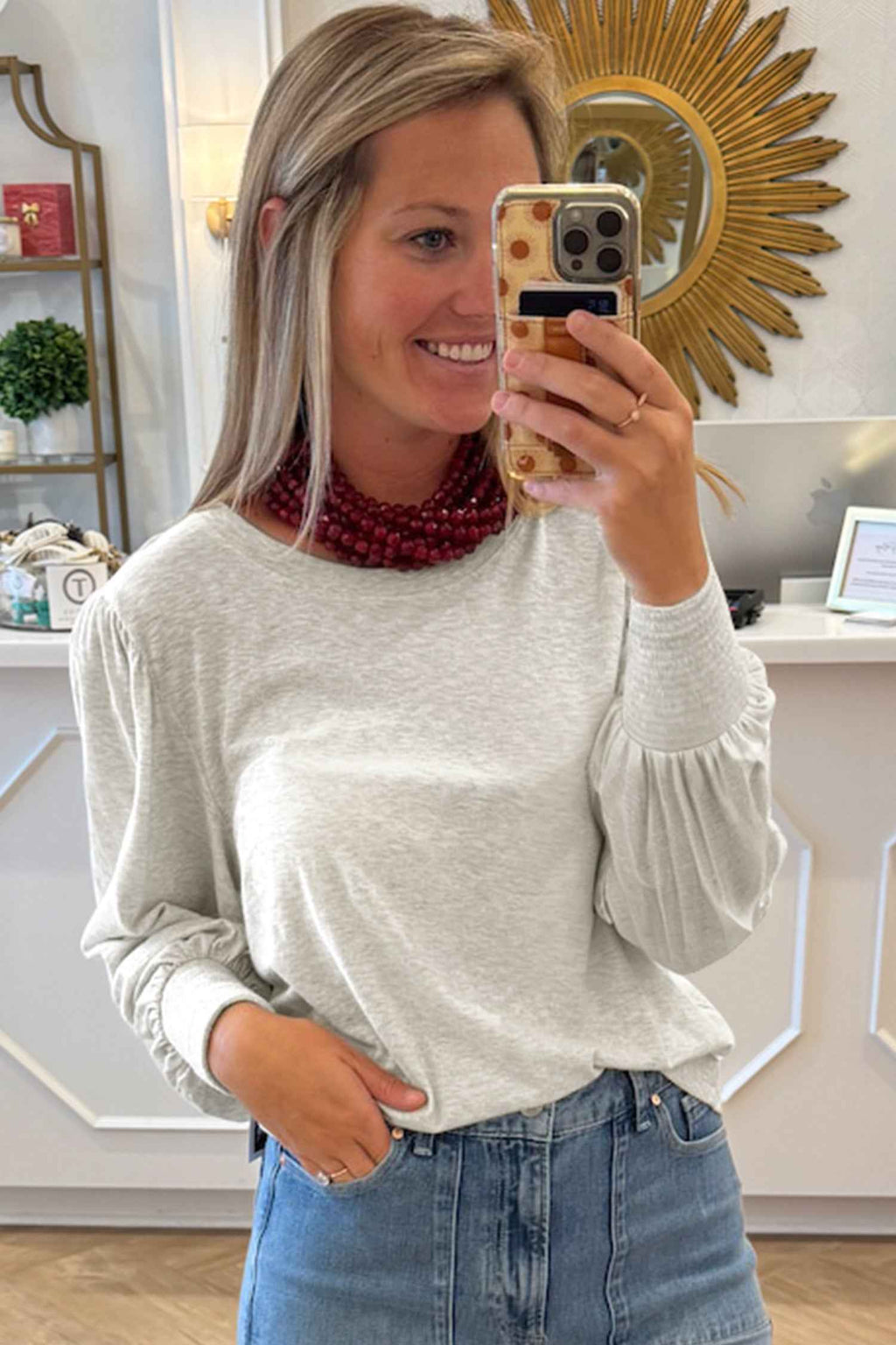 Oatmeal Shirred Cuffs Puff Sleeve Peasant Top aaf6d1f41068690d