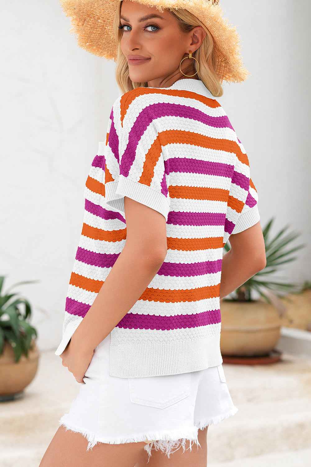 Green Stripe V Neck Short Sleeve Sweater with Side Slits ab01a260bd72830b