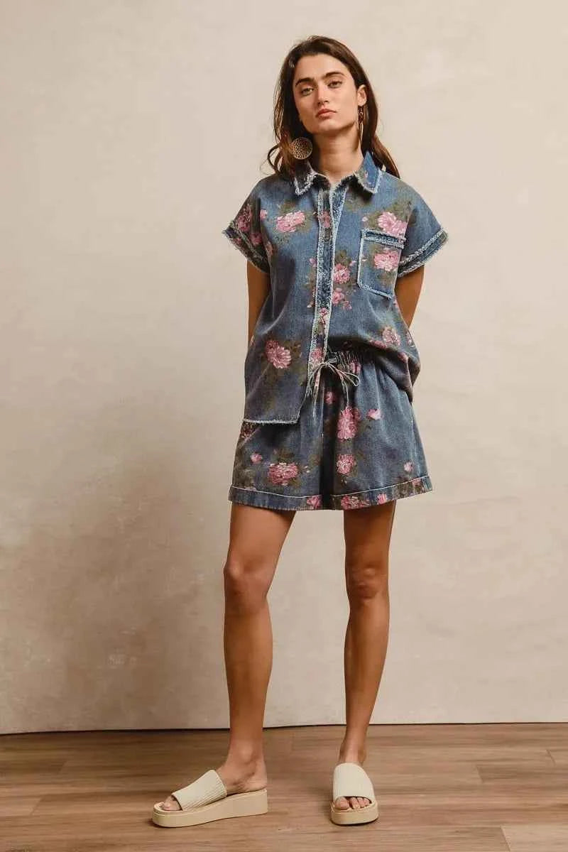 BiBi Floral Printed Denim Short Pants With Pocket ab05713e6cfe460f87e13dd49c876f5e-Max-Origin